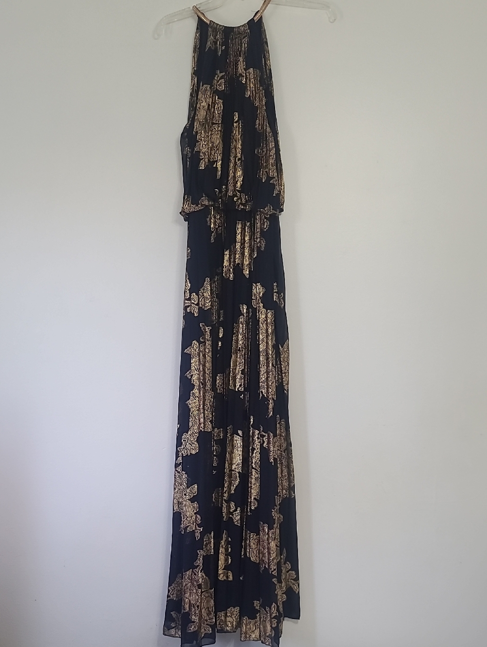 Navy Halter Maxi Dress with Metallic Gold Print